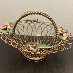 VTG Solid Brass Twisted Wire Basket Floral Handled Hollywood Regency